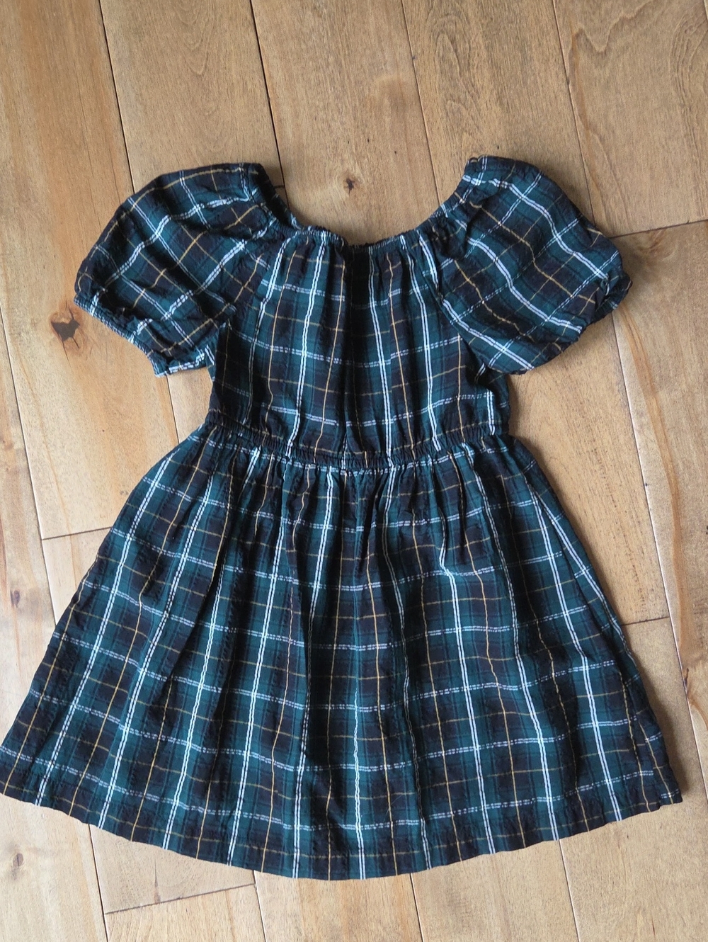 Old Navy Black & Green Plaid Puff-Sleeve Dress